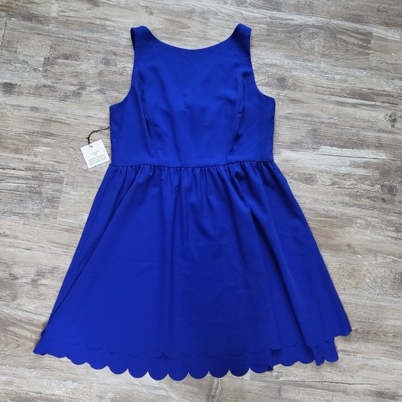 Susana Monaco Blue Ruched Scalloped A-Line Party Cocktail Summer Dress NWT 12 - Picture 4 of 9